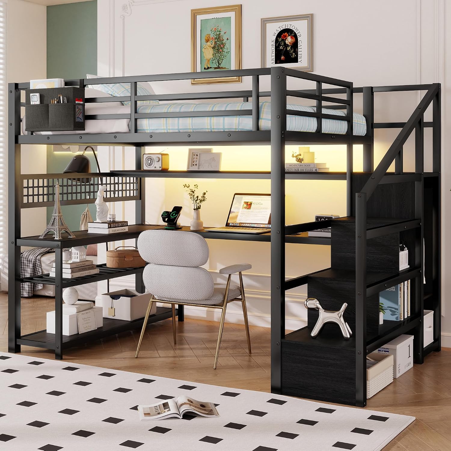 Desk Charging Station - Full Size Loft Bed with Stairs,