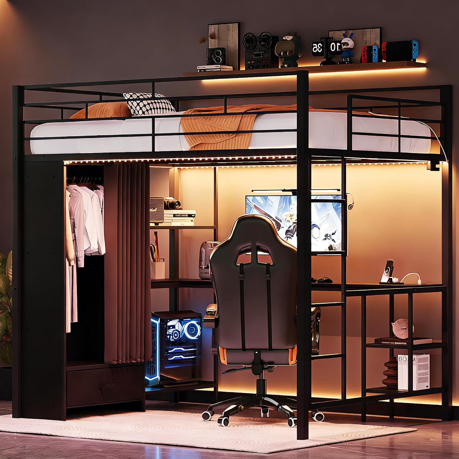 Desk Charging Station - Queen Loft Bed with Wardrobe Curtain