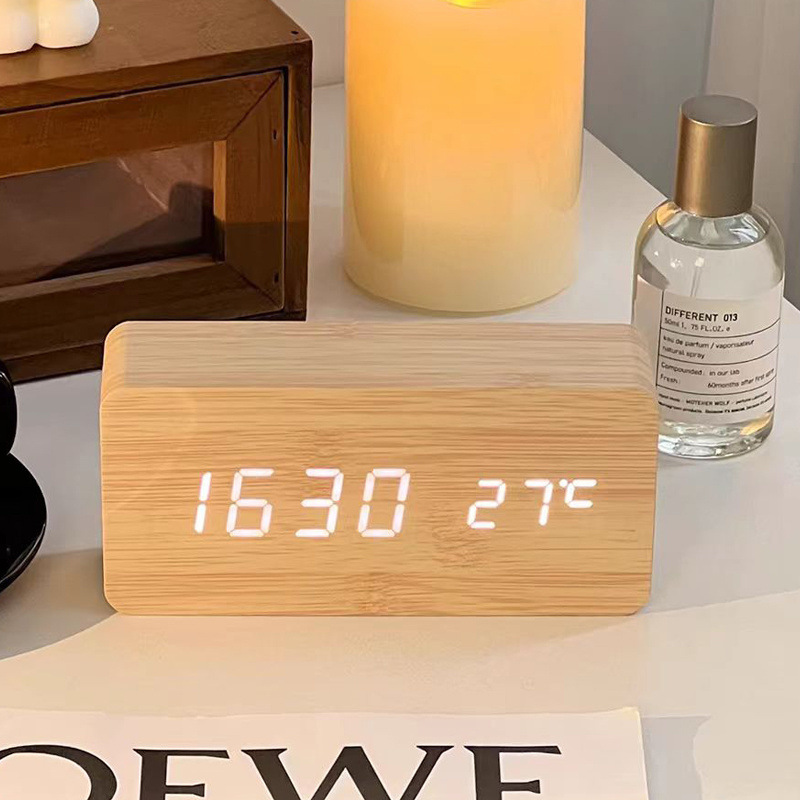 Led Desk Clock - Digital Alarm Clock Wooden LED Table