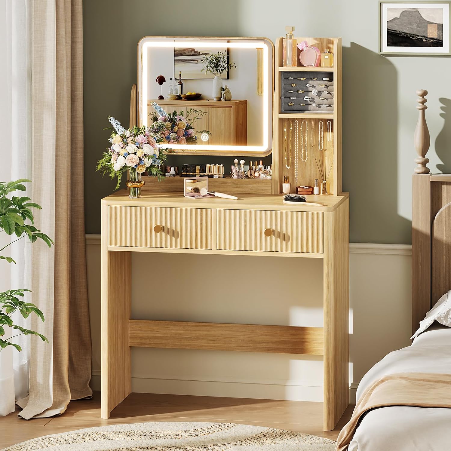 Fluted Vanity Desk with Mirror - Desk Drawer Small review and price