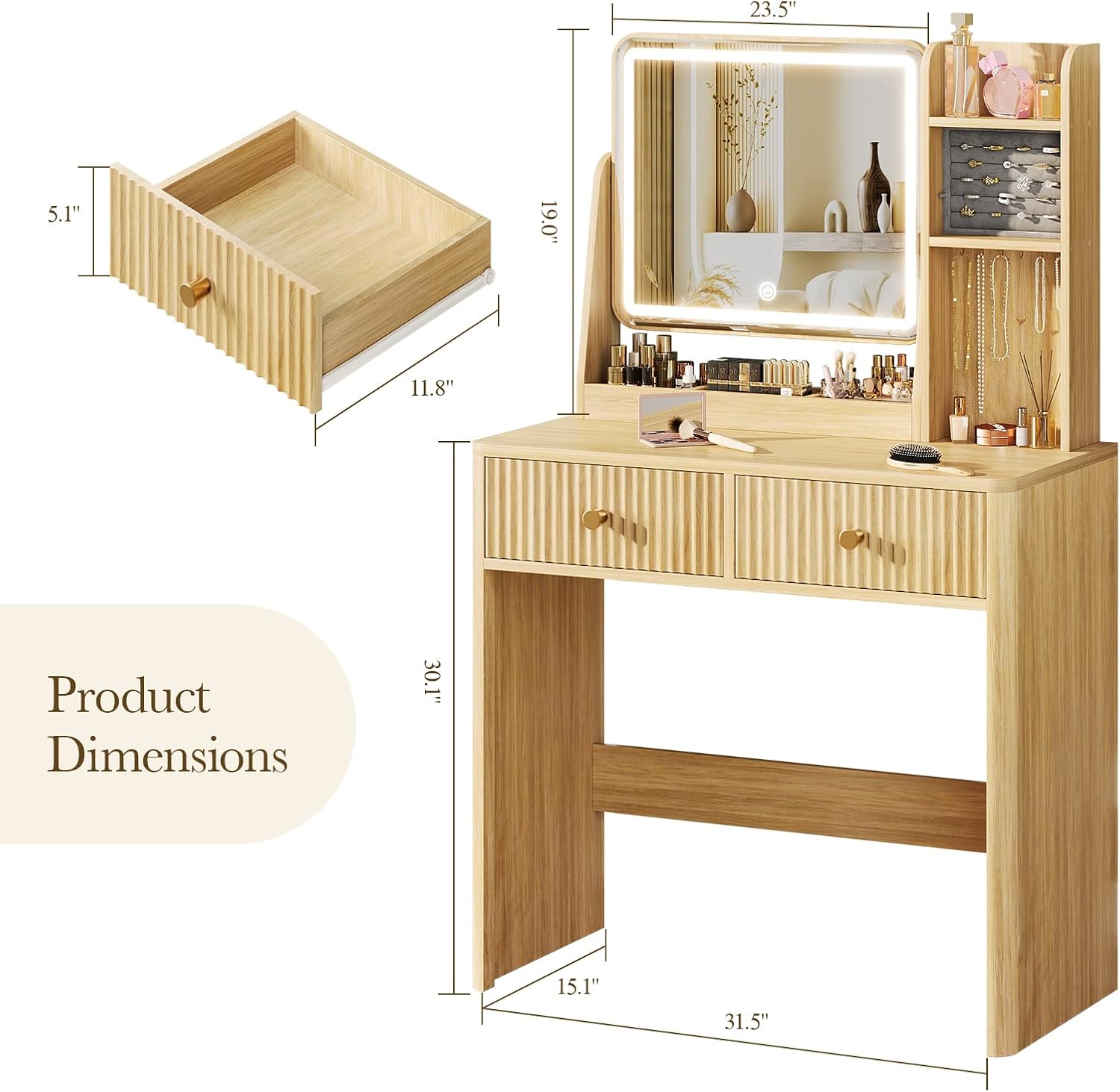 Fluted Vanity Desk with Mirror - Desk Drawer Small review and price