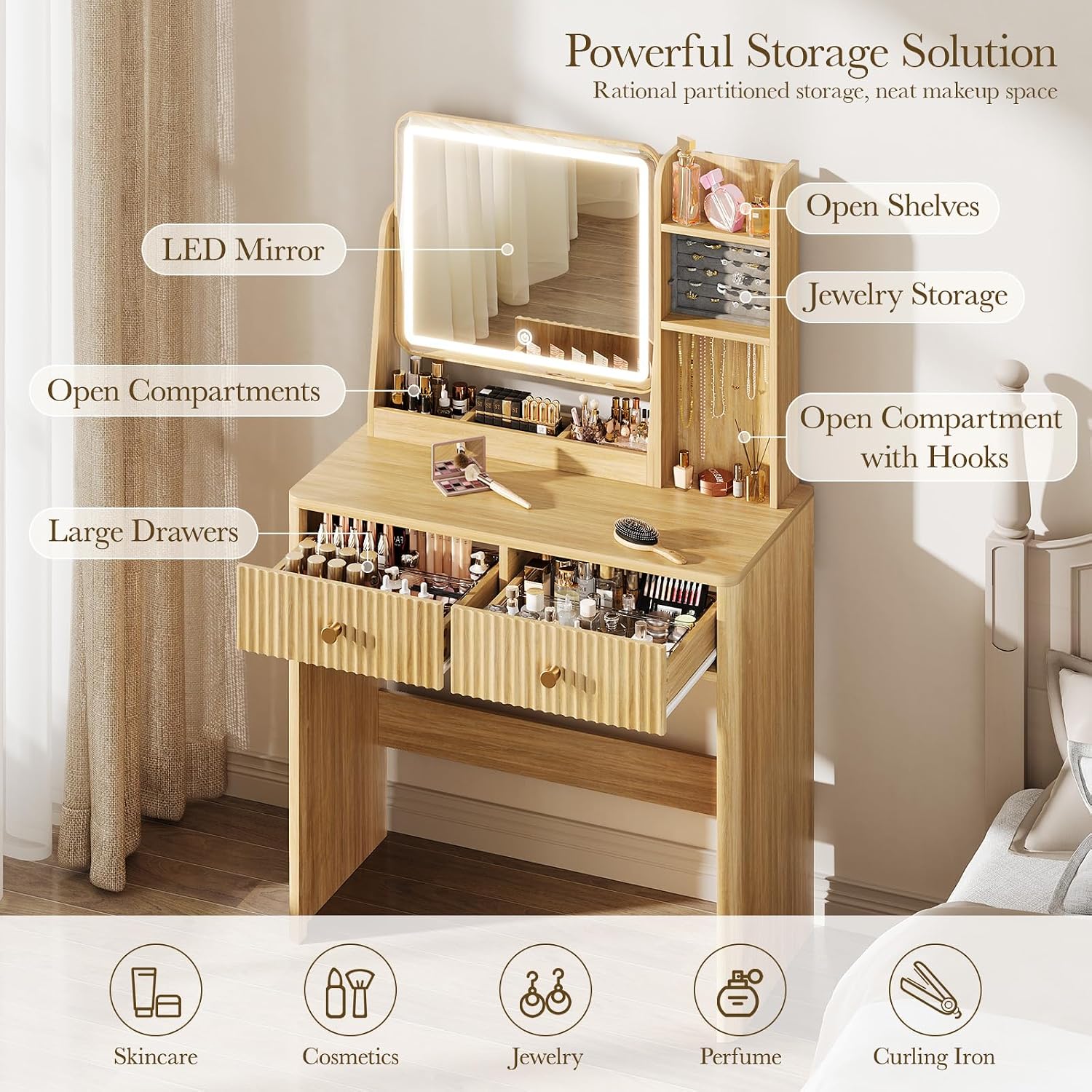 Fluted Vanity Desk with Mirror - Desk Drawer Small review and price