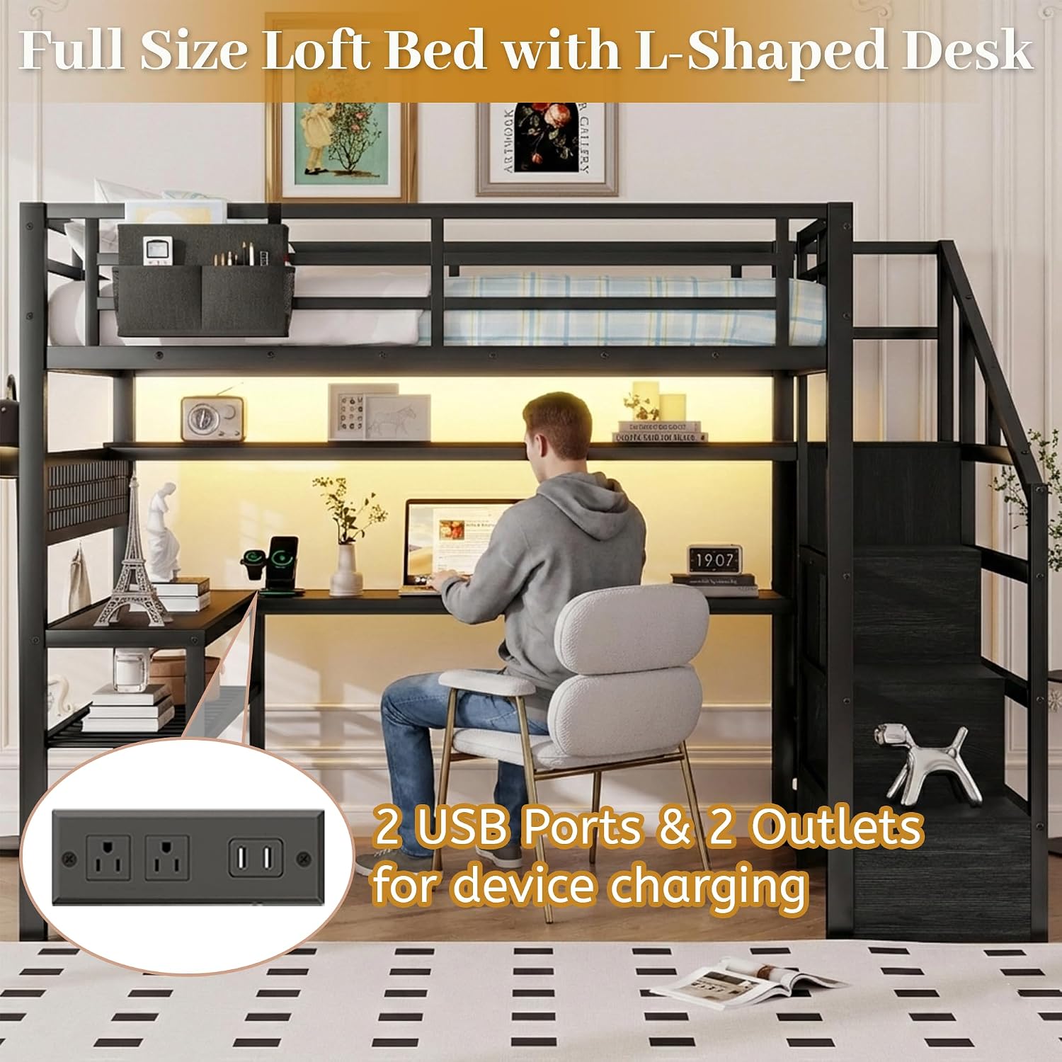 Full Size Loft Bed with Stairs - Desk Charging Station review and price