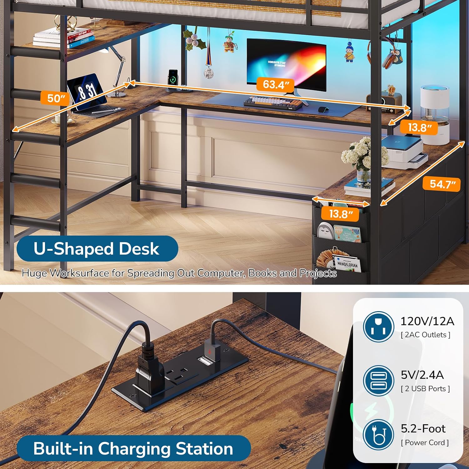 Full Size Loft Bed with U-Shap - Desk Charging Station review and price